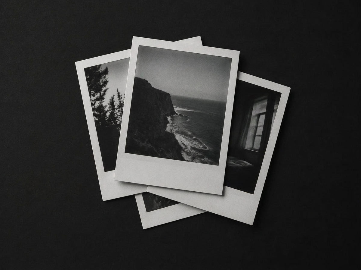 Fotografias Polaroid retangulares sobre uma superfície escura